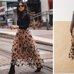 3D POSY DOUBLE-LAYERED MESH MIDI SKIRT IN CARAMEL